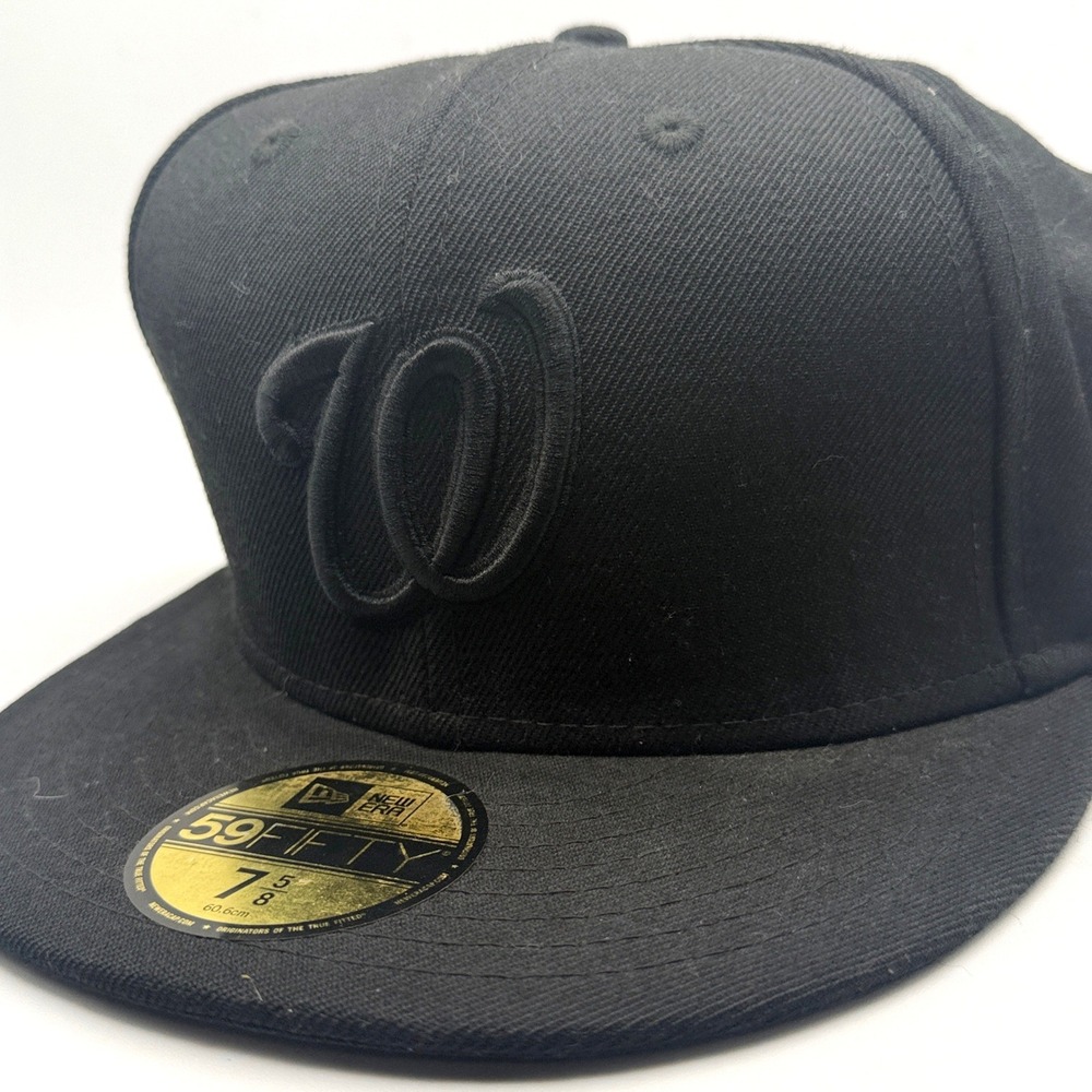 New Era 59FIFTY Washington Nationals Fitted Hat Black on Black Size 7 5/8 MLB
